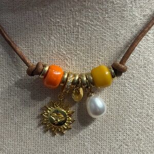 Custom made Gold Sun Pendant Necklace with Orange & Yellow Beads and Pearl Drop